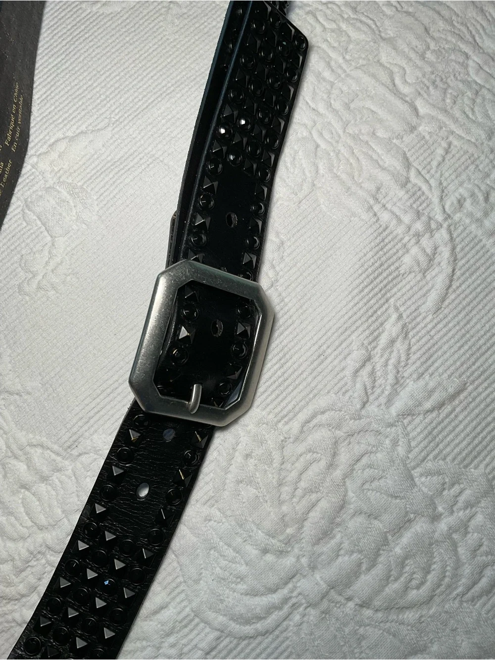 CAbi Black Studded Leather Belt with Silver-Tone Hex Buckle